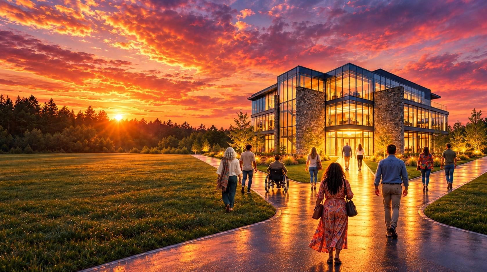 A diverse group approaches a warmly lit glass building under a colorful sunset, with stronger golden illumination near the entrance.
