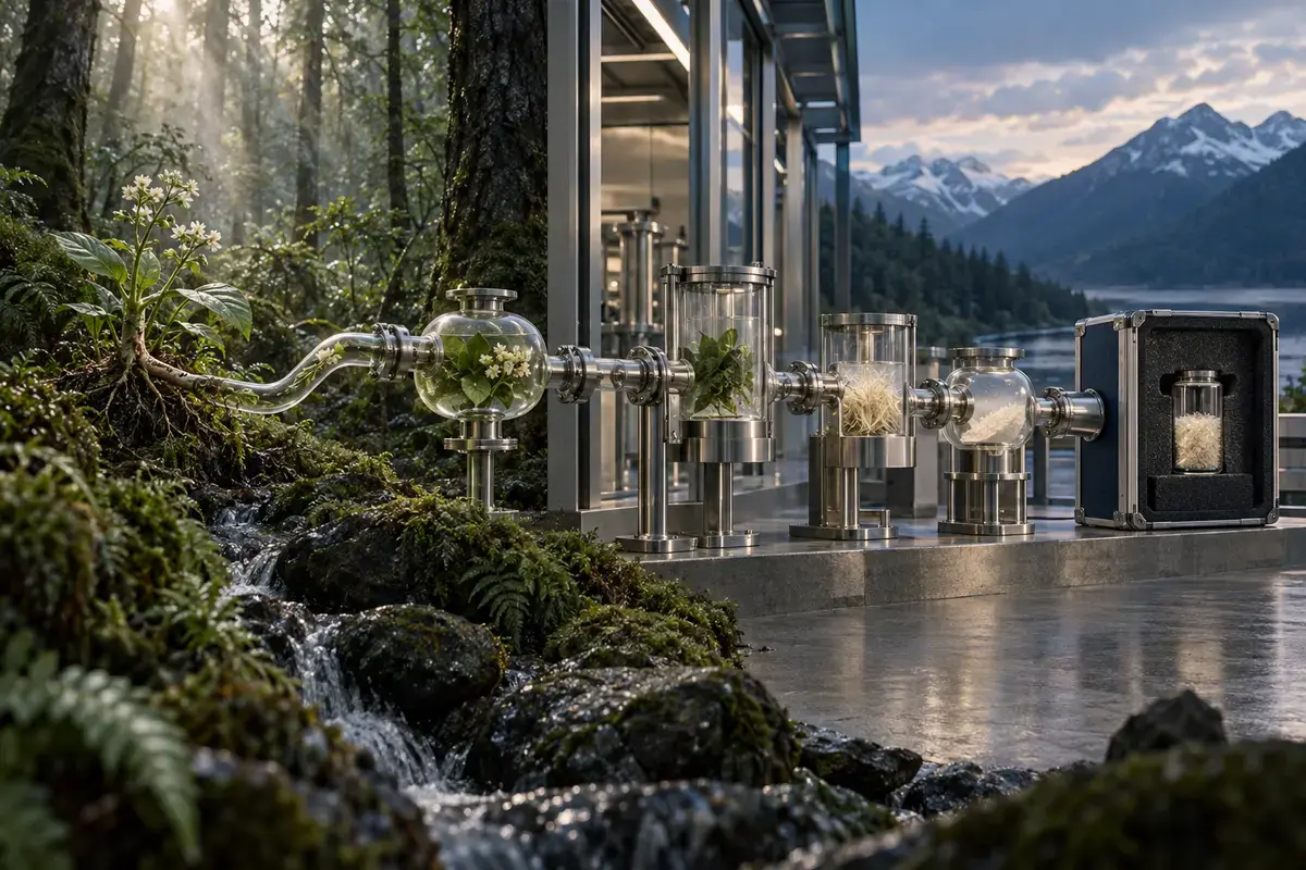 A botanical source moves through a visible chain of inspection into a protected shipment.