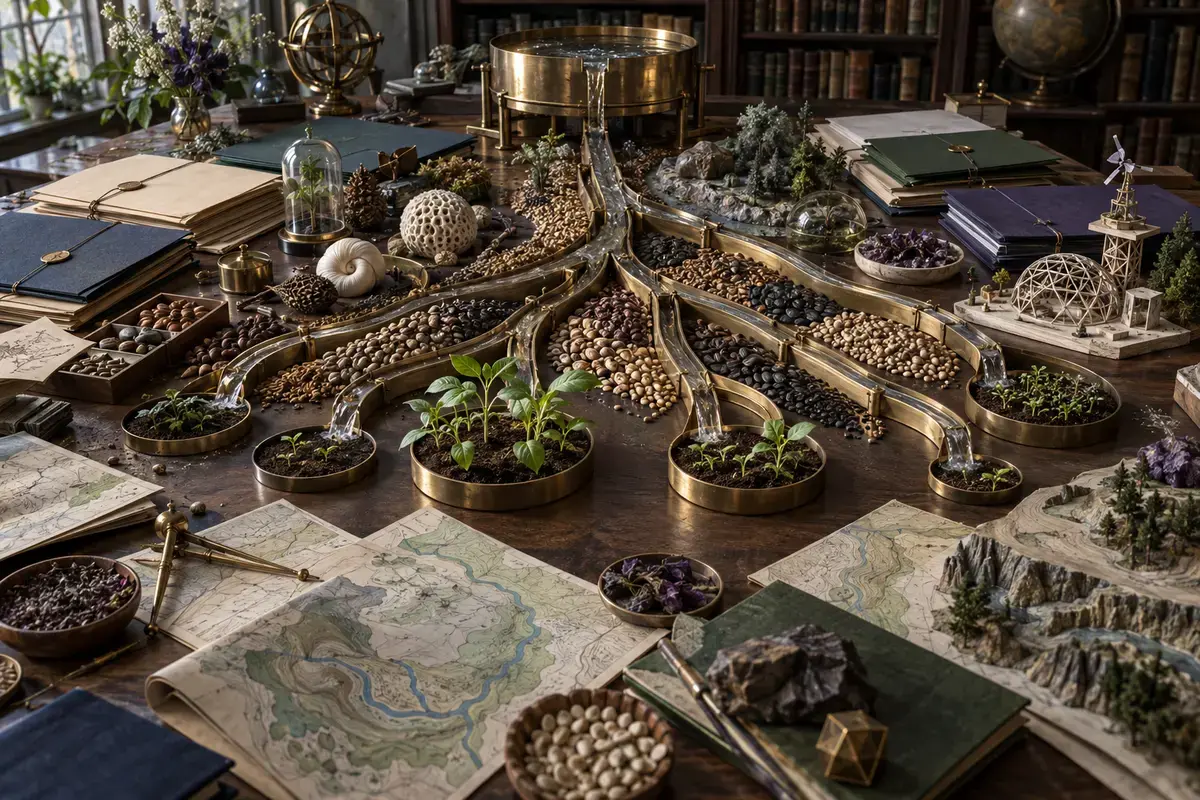 Water is carefully distributed across seeds, prototypes and living projects on a worktable.