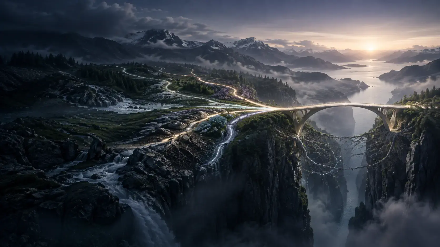 A glowing bridge spans a misty canyon between waterfalls and snow-capped mountains at dusk, reached by a winding lit path.
