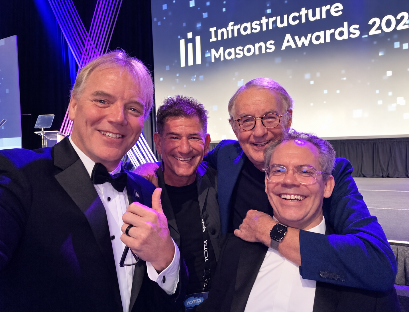 Dean Nelson, Tony Greenberg, Peter Gross and George Rockett at the iMasons Awards. Twenty-five years of hanging on to one another.